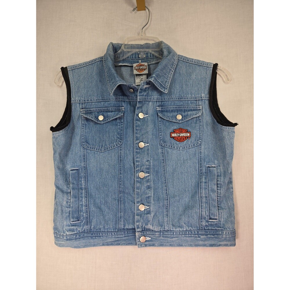 VTG Harley Davidson Kids Denim Vest Embroidered Button Up Pockets Medium 10/12